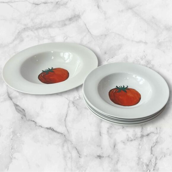 Crate & Barrel Tomato 5 Piece Pasta Serving Bowl & 4 Individual Pasta Bowls - Picture 2 of 15